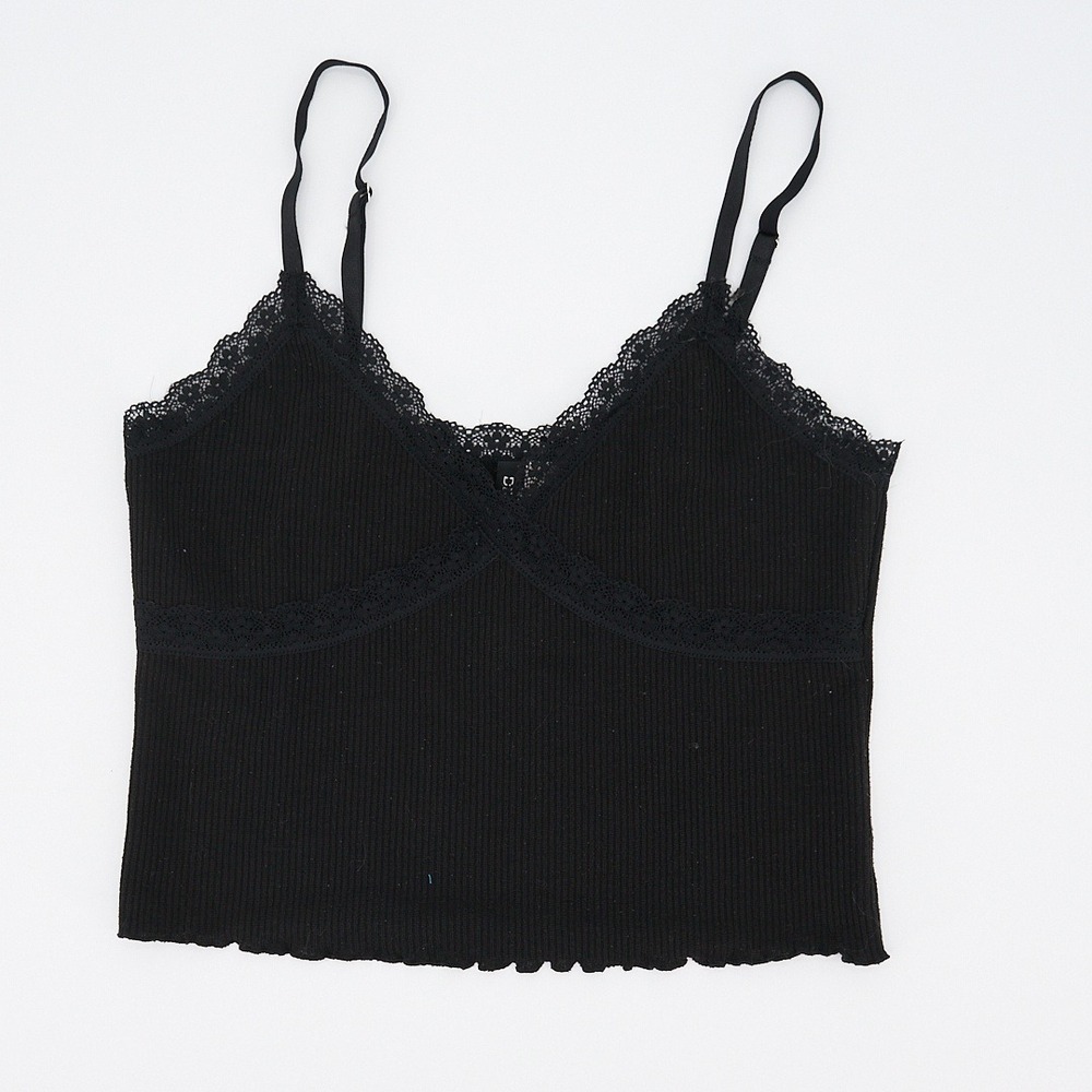 H&M Divided Black Cami Ribbed Lace Trim Cropped Adjustable Straps